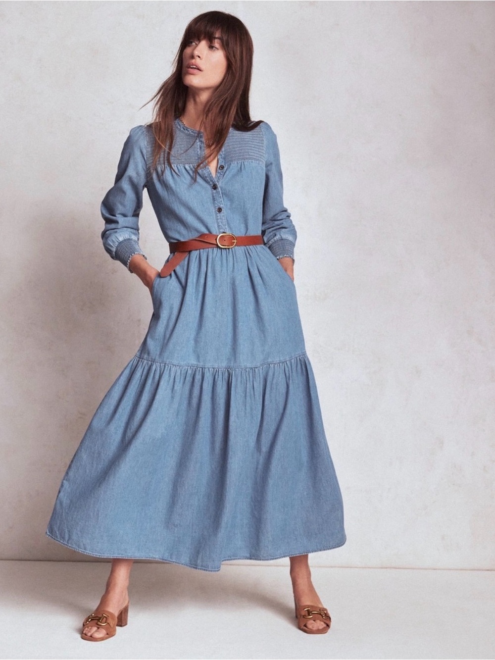 Boden Light Blue Denim Cecily Midi Dress SIZE 16/18L Tall NEW NWT long sleeve